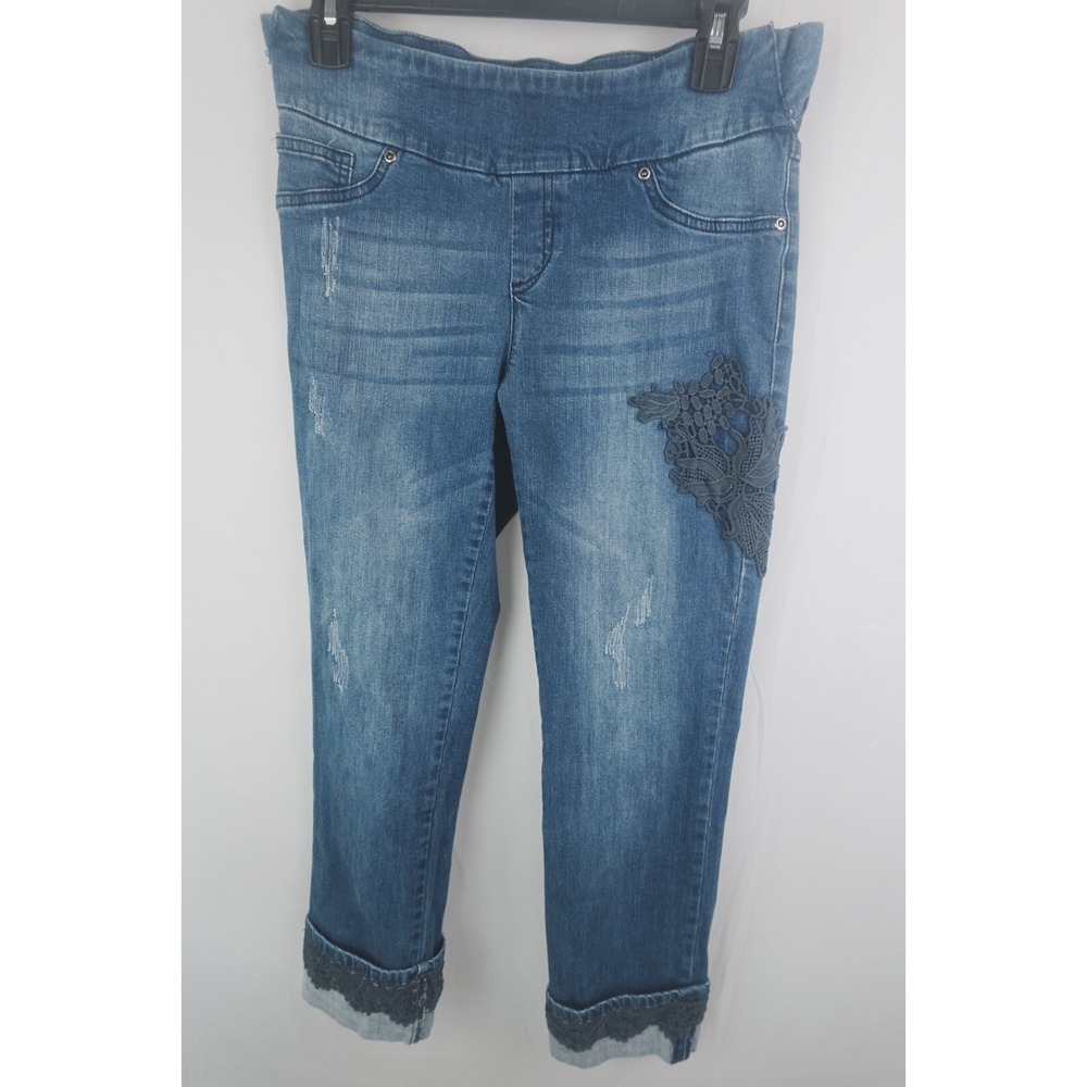 Peck & Peck‎ Pull On Denim Capri Jeans Lace Trim Floral Patch Blue Size 2